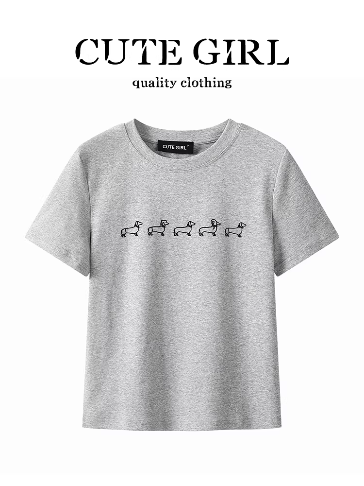 CuteGirl thời trang Hàn Quốc thêu hình chó màu xám cổ tròn thường xuyên áo thun ngắn tay dành cho nữ mùa hè trang phục đi làm áo giảm tuổi tác