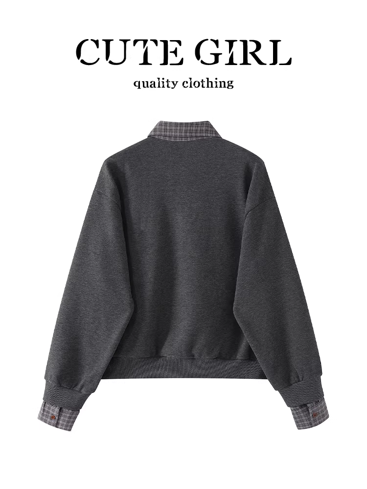 Áo len dệt kim giả hai mảnh kiểu cổ điển màu xám đậm kiểu cổ điển dành cho nữ, phong cách mùa thu, áo len rộng rãi và đa năng