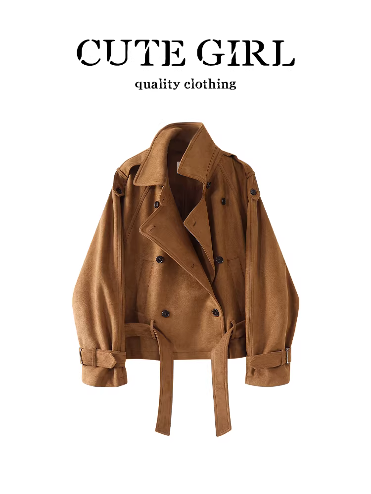 Áo khoác da lộn ngắn có cổ màu kaki cổ điển của CuteGirl dành cho nữ trong mùa thu áo khoác đa năng dáng rộng giản dị