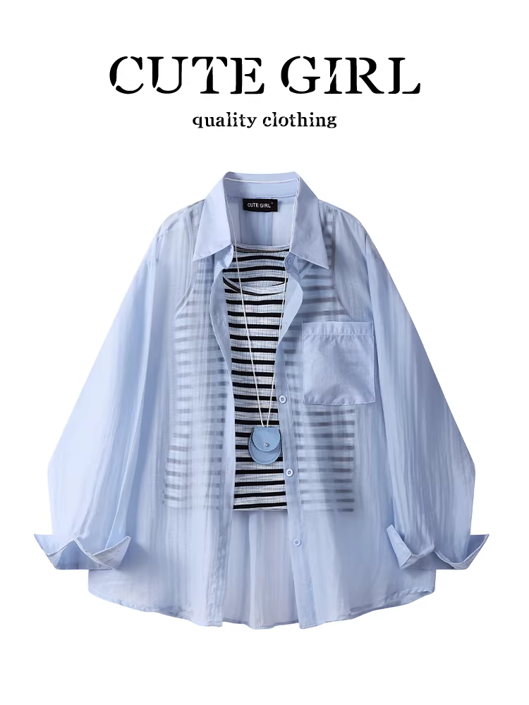 Bộ trang phục ootd mùa hè CuteGirl dành cho nữ, áo chống nắng dài tay màu xanh với áo vest sọc hai mảnh