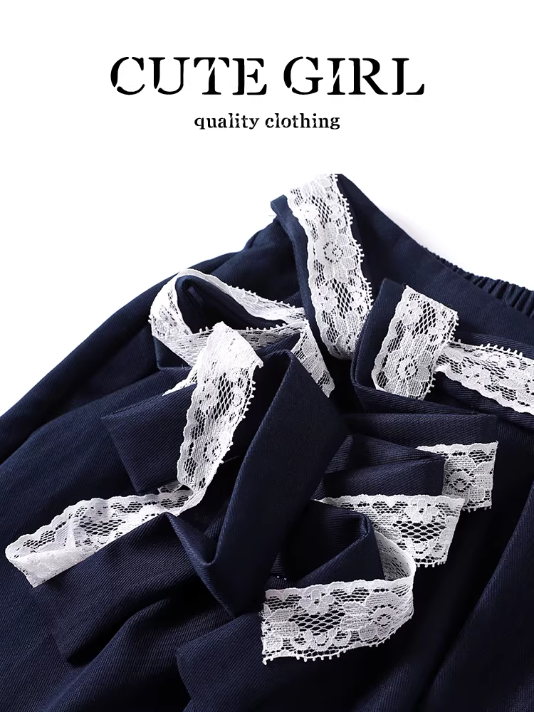 Quần ống rộng lưng cao phối ren kiểu Hàn Quốc dễ thương dành cho nữ, quần ống rộng dáng thẳng đa năng mùa hè