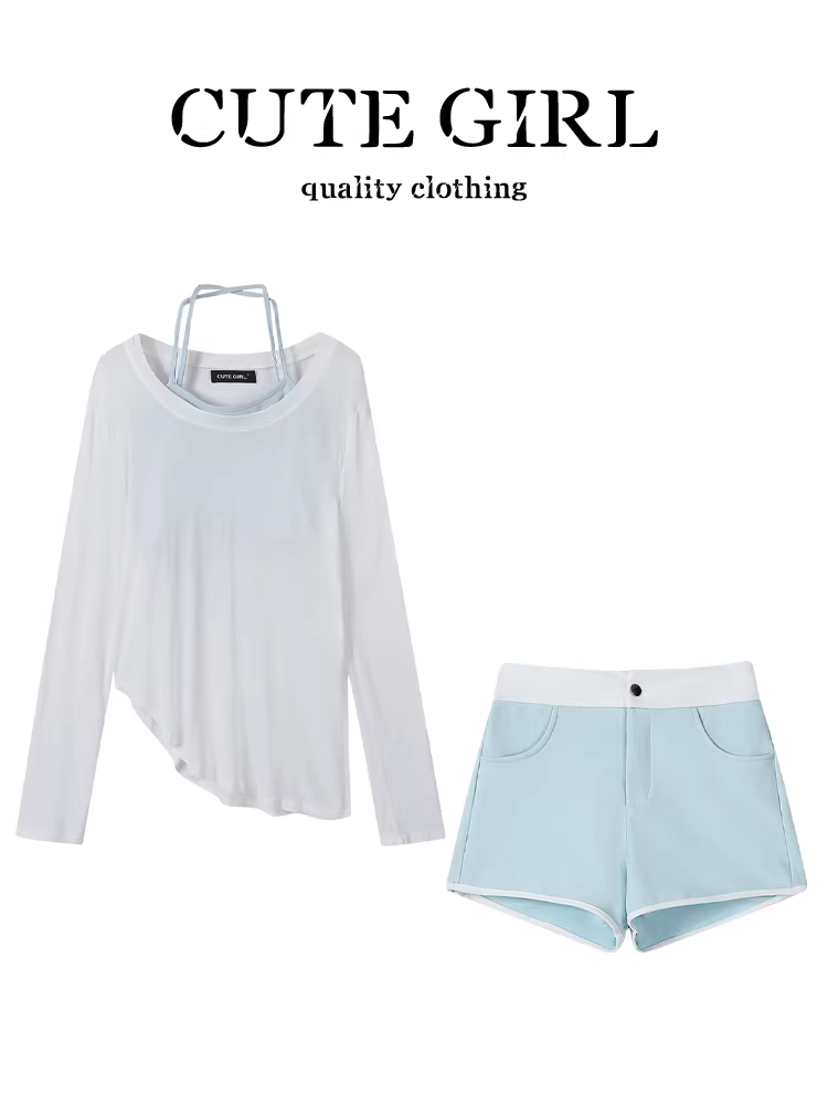 CuteGirl Áo thun chống nắng kiểu dáng không đều phong cách ngọt ngào và cay cay của Hàn Quốc dành cho nữ mùa hè có dây đeo cổ màu sắc phối màu quần short bộ ba món