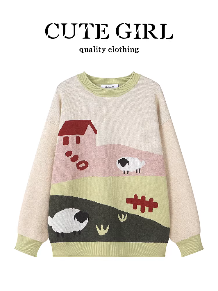 Áo len cổ tròn jacquard lấy cảm hứng từ hoạt hình của CuteGirl dành cho nữ, mùa thu đông, kiểu dáng thời trang, dáng rộng, giản dị, đa năng, áo giảm tuổi tác.