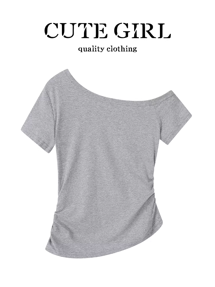 Áo thun ngắn tay một vai in chữ phong cách Hàn Quốc CuteGirl dành cho nữ, áo trễ vai dáng ôm mùa hè