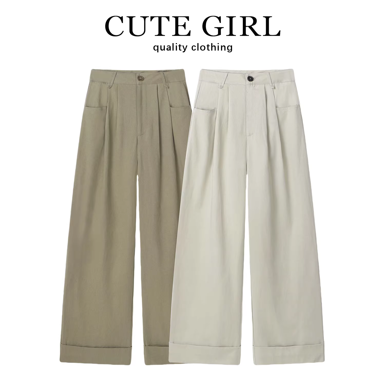 Quần thường ngày màu be cổ điển của CuteGirl dành cho nữ đầu thu quần ống rộng đa năng quần ống rộng lưng cao quần dài ống thẳng