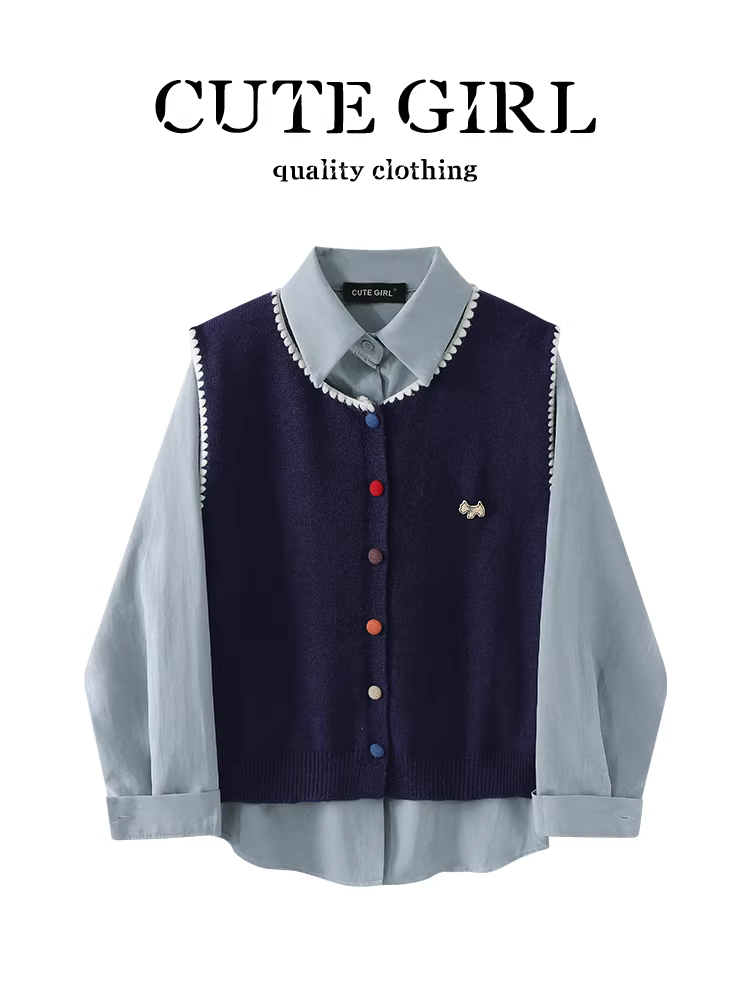 CuteGirl Áo sơ mi cổ polo màu xanh phong cách Hàn Quốc Áo vest dệt kim màu xanh hải quân dành cho nữ mùa thu trang phục thường ngày đa năng