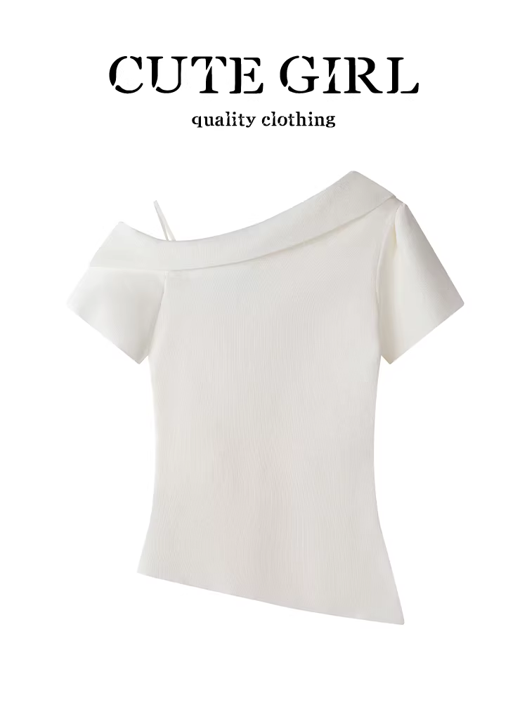 Áo thun ngắn tay lệch vai màu trắng phong cách Pháp dễ thương dành cho nữ trong mùa hè, áo xếp ly eo thon tuyệt đẹp