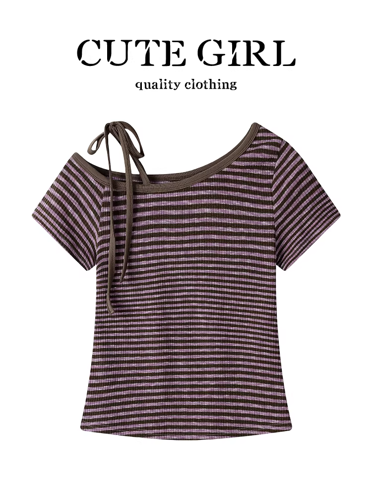 Áo thun ngắn tay trễ vai sọc tím phong cách Hàn Quốc dành cho nữ, thiết kế mùa hè, dáng ôm, áo đa năng