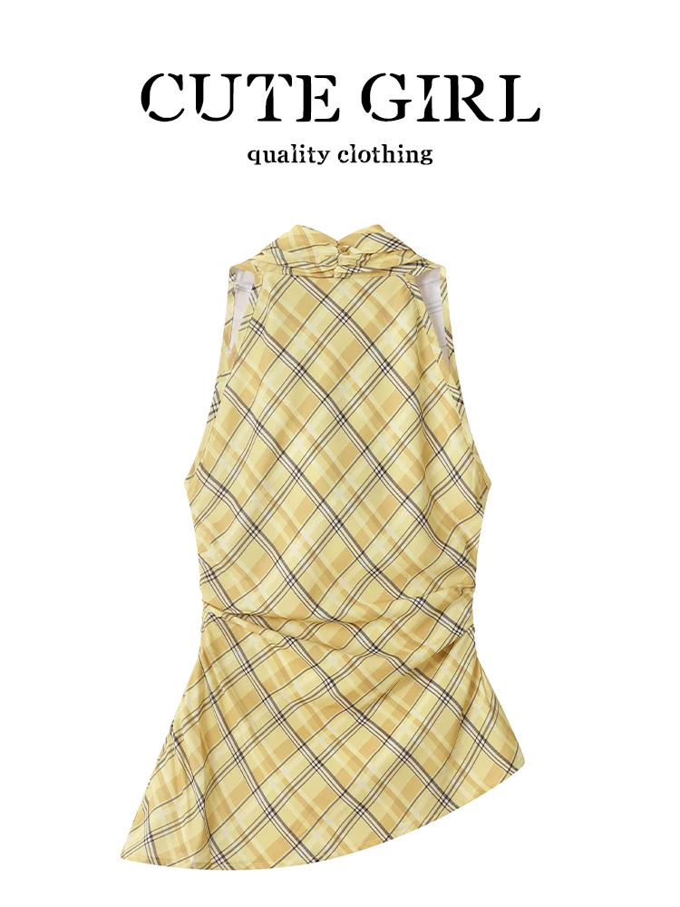 Áo vest không tay cổ yếm kẻ sọc sang trọng phong cách Pháp của CuteGirl dành cho nữ, áo dây buộc eo không đều thanh lịch mùa hè