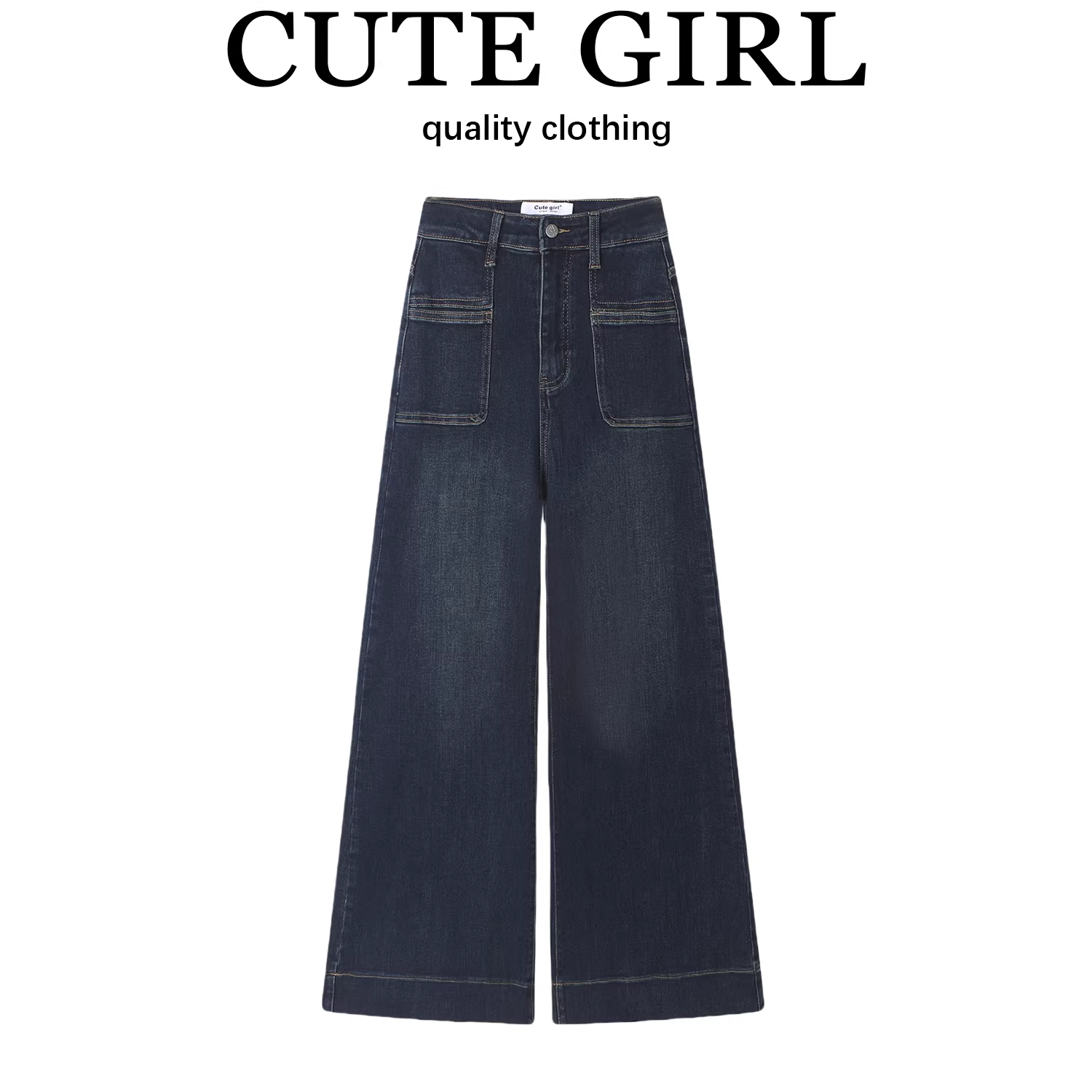 Quần jean màu xanh đậm phong cách Hàn Quốc của CuteGirl dành cho nữ, quần ống rộng dáng rộng mùa xuân hè, quần dài dáng rộng dáng rộng giản dị