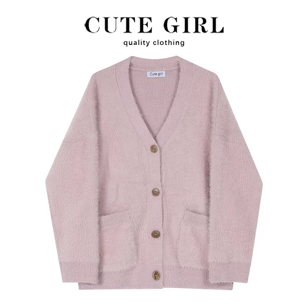 Áo khoác len lông chồn cổ chữ V dễ thương dành cho nữ, mùa thu đông 2025, kiểu dáng rộng, chất liệu dày dặn.