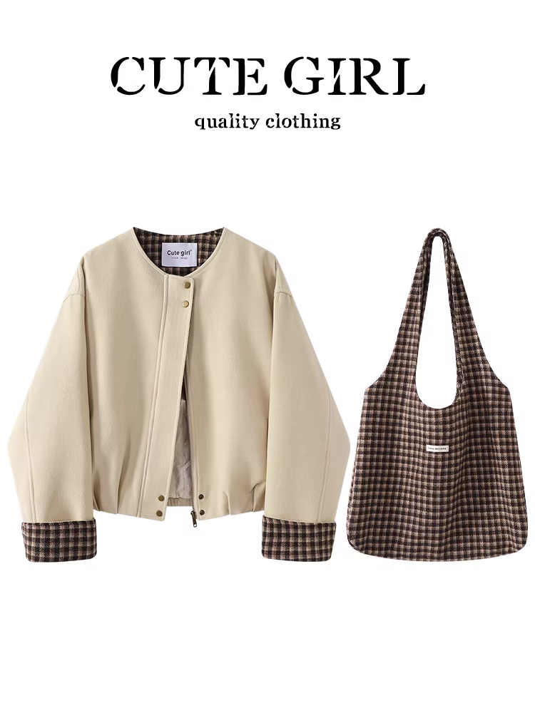Áo khoác len tương phản kẻ sọc màu nâu cổ điển CuteGirl dành cho nữ, mùa thu đông, nhỏ nhắn, rộng rãi, đa năng, áo khoác giảm béo