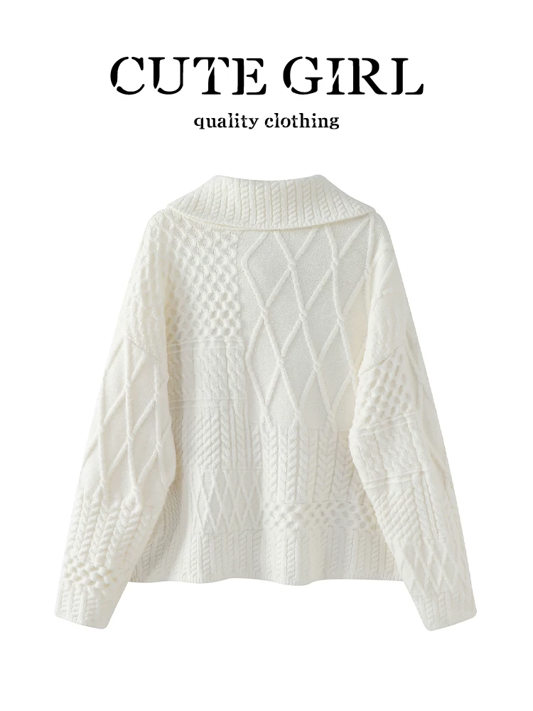 Áo len dệt kim có ve áo lớn màu trắng sữa phong cách Hàn Quốc dành cho nữ, thiết kế mùa thu, áo len cardigan dáng rộng, đa năng, giản dị