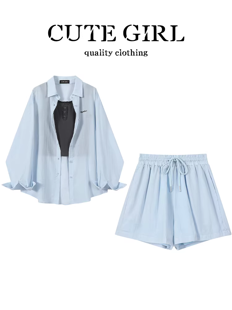 Bộ trang phục phong cách Hàn Quốc dành cho nữ, áo chống nắng màu xanh mùa hè có dây đeo và quần short cạp cao, bộ ba món