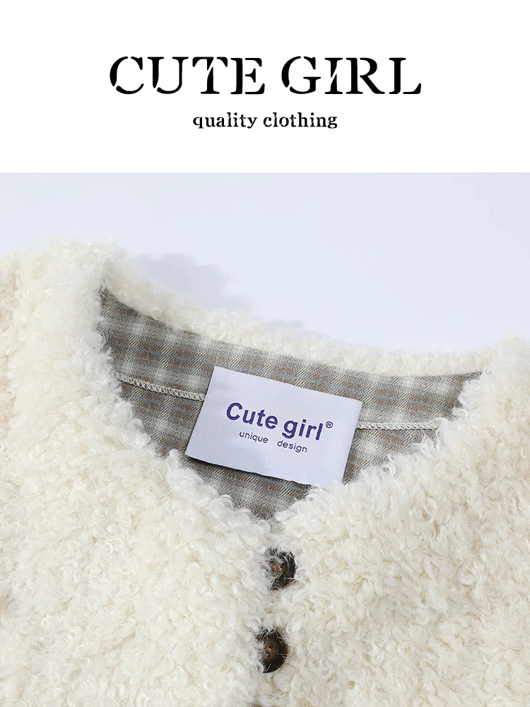 Áo khoác tích hợp lông cừu nhỏ nhắn CuteGirl dành cho nữ, mùa thu đông, kiểu dáng thời trang, dáng rộng, đa năng, áo khoác dày.