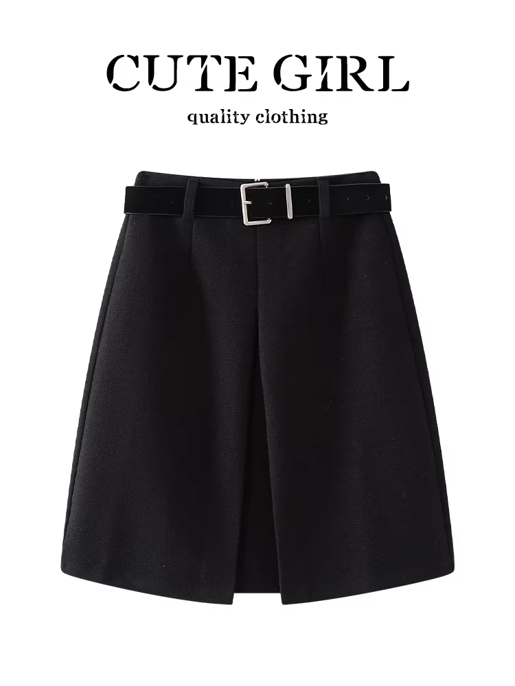 Váy len xếp ly màu đen sành điệu của CuteGirl dành cho nữ, váy midi chữ A đa năng, eo cao, thanh lịch mùa đông