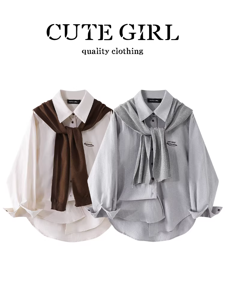 Áo sơ mi cổ polo thêu chữ màu xám cao cấp của CuteGirl dành cho nữ, áo sơ mi đi làm đa năng thông thường mùa thu