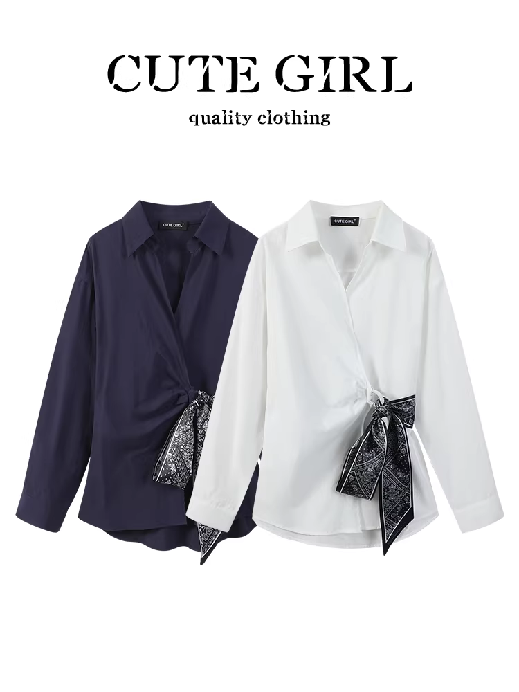 Áo sơ mi buộc dây cổ chữ V màu trắng phong cách Pháp của CuteGirl dành cho nữ, áo kiểu dáng ôm vừa vặn thanh lịch mùa thu đa năng