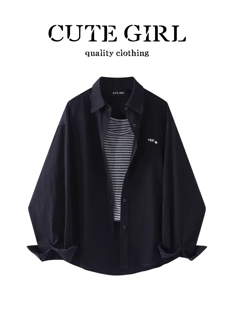 Áo sơ mi cổ polo thêu màu xanh hải quân lấy cảm hứng từ thiết kế CuteGirl áo yếm nữ mùa thu dáng rộng giảm béo