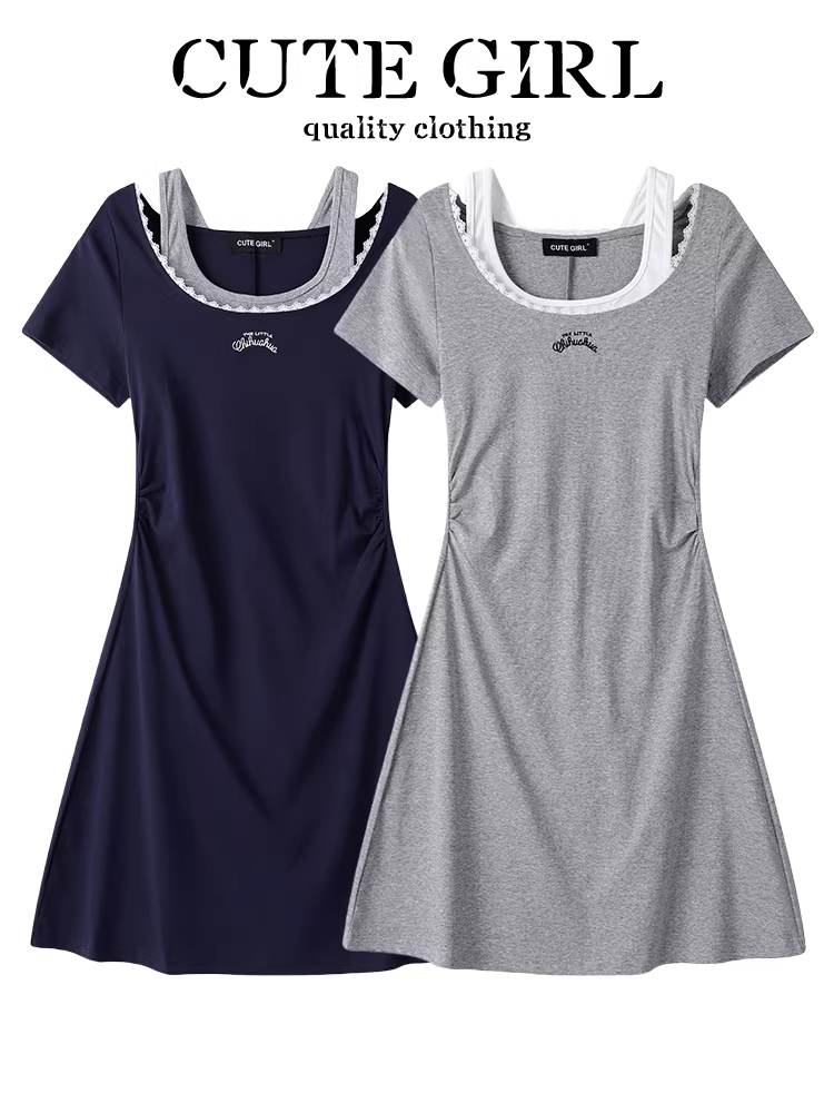 CuteGirl thiết kế độc đáo váy hai dây giả hai dây chắp vá dành cho nữ, váy ngắn cổ ren giảm tuổi theo phong cách Hàn Quốc mùa hè