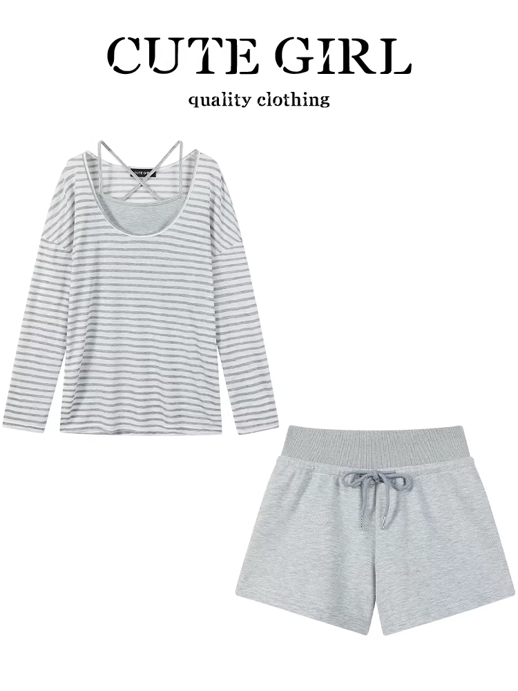 Bộ đồ thể thao phong cách Hàn Quốc CuteGirl dành cho nữ, áo sọc mùa hè, áo thun, cổ yếm, quần short lưng cao, bộ ba món
