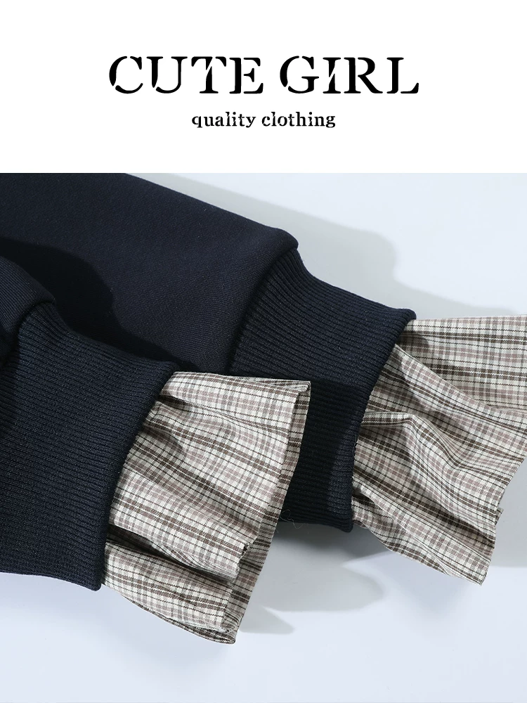 Áo nỉ mũ chắp vá phong cách preppy của CuteGirl dành cho nữ, thiết kế thu đông, dáng rộng và đa năng, áo giảm tuổi tác