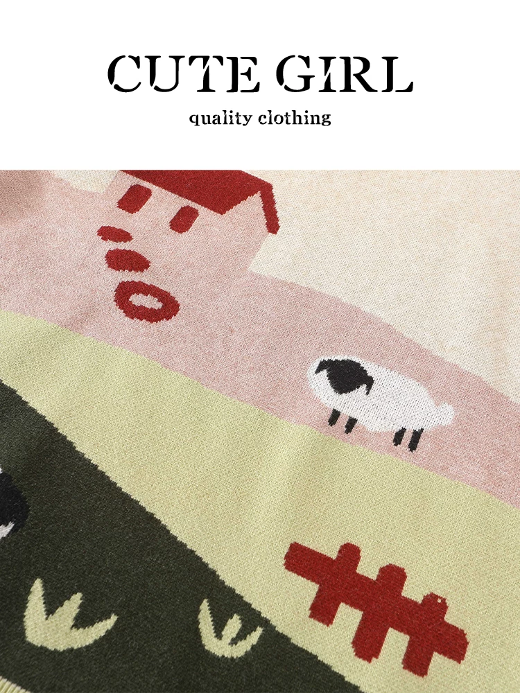 Áo len cổ tròn jacquard lấy cảm hứng từ hoạt hình của CuteGirl dành cho nữ, mùa thu đông, kiểu dáng thời trang, dáng rộng, giản dị, đa năng, áo giảm tuổi tác.