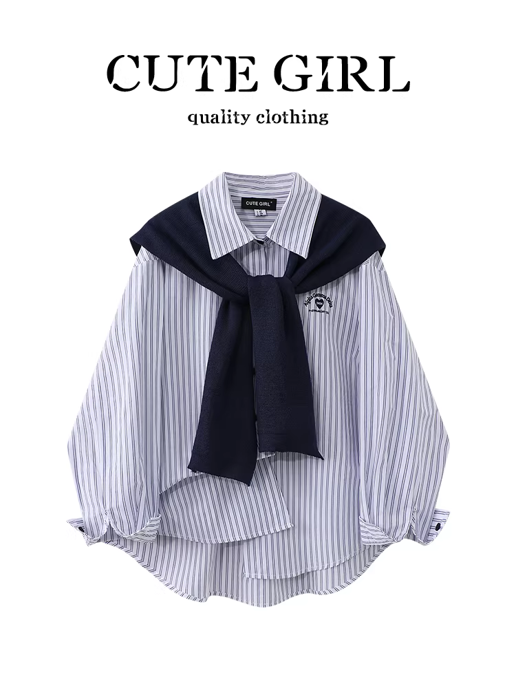 Áo sơ mi sọc thêu màu xanh lấy cảm hứng từ thiết kế CuteGirl dành cho nữ, phong cách mùa thu, áo sơ mi dáng rộng, giản dị và đa năng