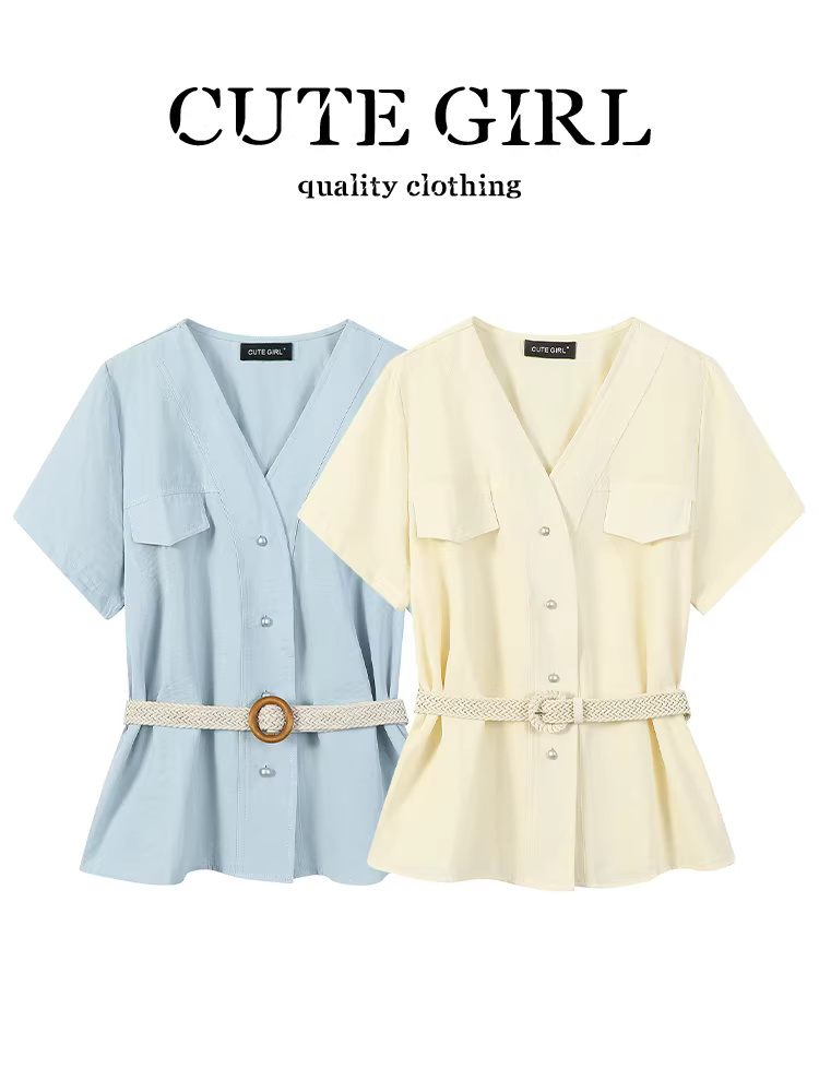 Áo sơ mi ngắn tay cổ chữ V phong cách Pháp CuteGirl dành cho nữ, thiết kế mùa hè có thắt lưng giúp thon gọn vòng eo và trông trẻ trung hơn.