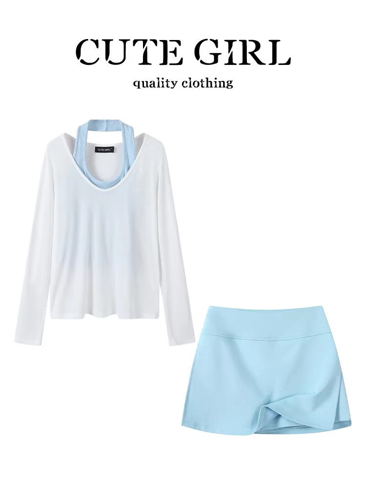 Trang phục mùa hè xinh xắn của CuteGirl dành cho nữ, áo chống nắng màu trắng, áo dây cổ yếm, váy lưng cao, bộ ba món