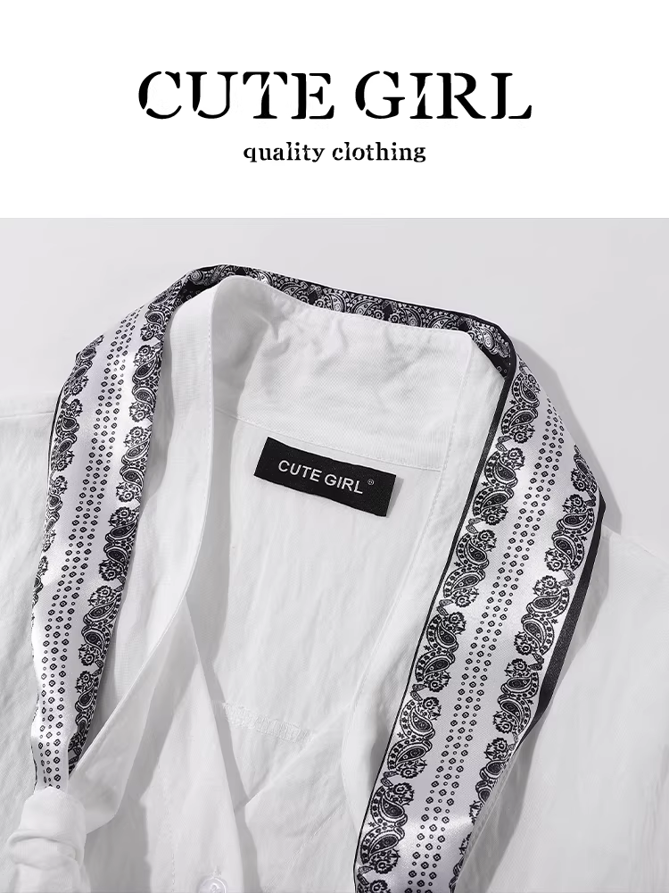 Áo sơ mi trắng dài tay cổ polo thanh lịch phong cách Pháp dành cho nữ, áo sơ mi khăn quàng cổ đơn giản đa năng mùa thu