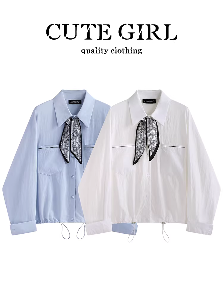 Áo sơ mi dài tay màu trắng phong cách Pháp có khăn quàng cổ dành cho nữ, áo sơ mi công sở dáng rộng và đa năng cao cấp mùa thu
