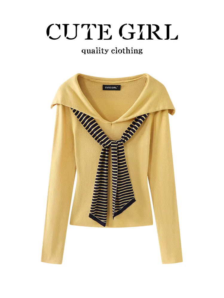 Áo len dệt kim có mũ trùm đầu cổ chữ V kiểu dáng dễ thương có khăn choàng cho nữ, áo dáng ôm thanh lịch mùa thu đa năng