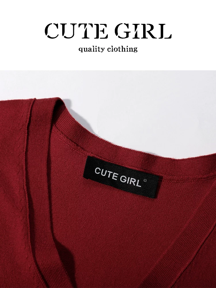Bộ trang phục mùa xuân CuteGirl áo len dệt kim cổ chữ V màu đỏ áo yếm ren quần ống rộng chấm bi bộ ba món