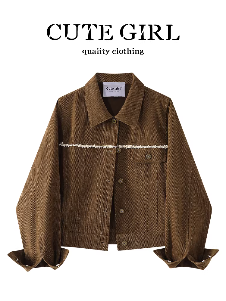 Áo khoác denim màu nâu cổ điển dễ thương dành cho nữ mùa thu đông phối ren phối áo khoác có cổ áo khoác cardigan