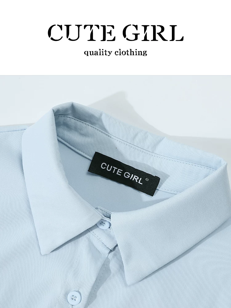 Áo sơ mi cổ polo màu xanh lấy cảm hứng từ thiết kế CuteGirl với áo vest dệt kim hoa dành cho nữ, áo sơ mi dáng rộng mùa thu đa năng giúp giảm tuổi tác