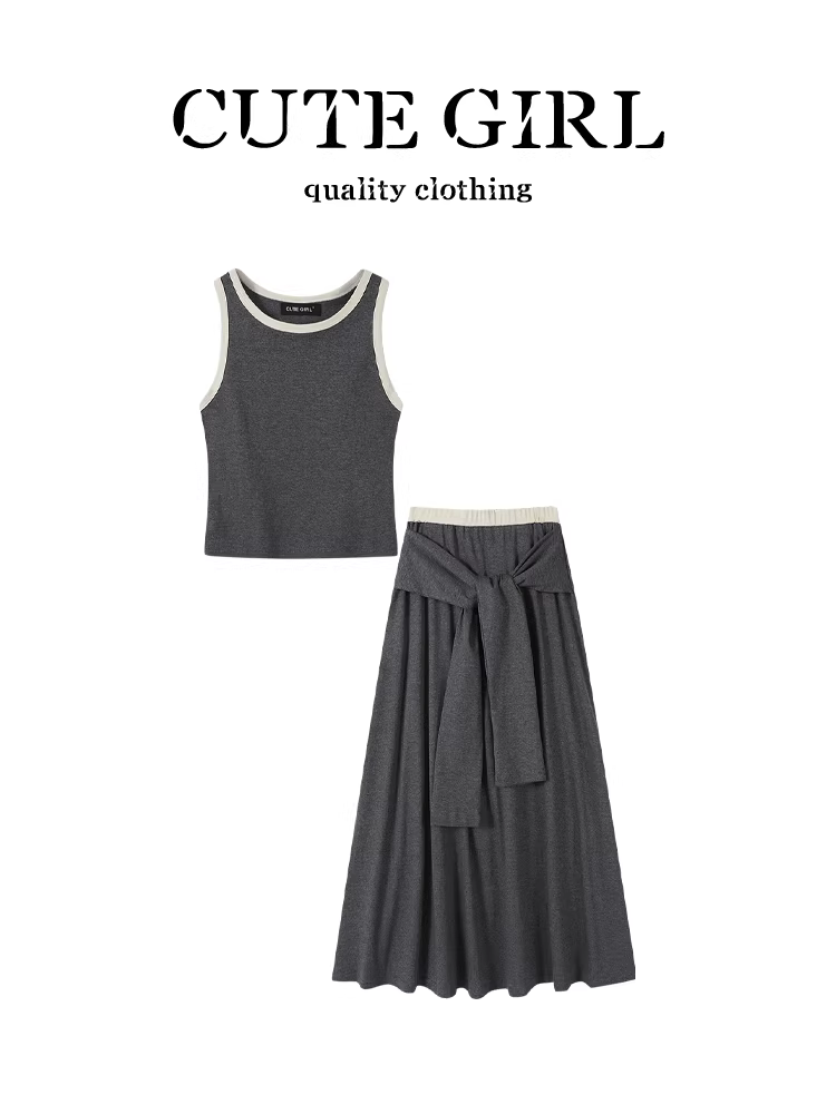 Bộ đồ mùa hè độc đáo và xinh đẹp của CuteGirl dành cho nữ, áo vest màu tương phản, váy dây lưng cao co giãn, bộ hai mảnh