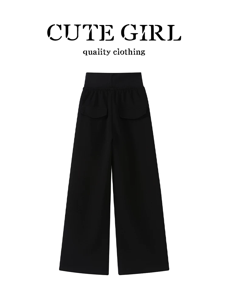 Quần ống rộng lưng thun màu đen phong cách Hàn Quốc dành cho nữ, thiết kế mùa thu, dáng rộng và đa năng, quần ống đứng tôn dáng
