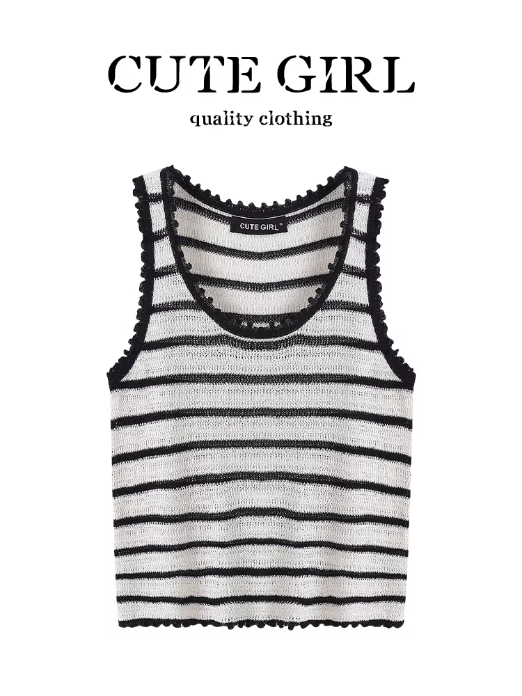 Áo vest dệt kim sọc cổ điển phong cách Hàn Quốc dành cho nữ, thiết kế đầu thu, kiểu dáng ôm sát bên trong.