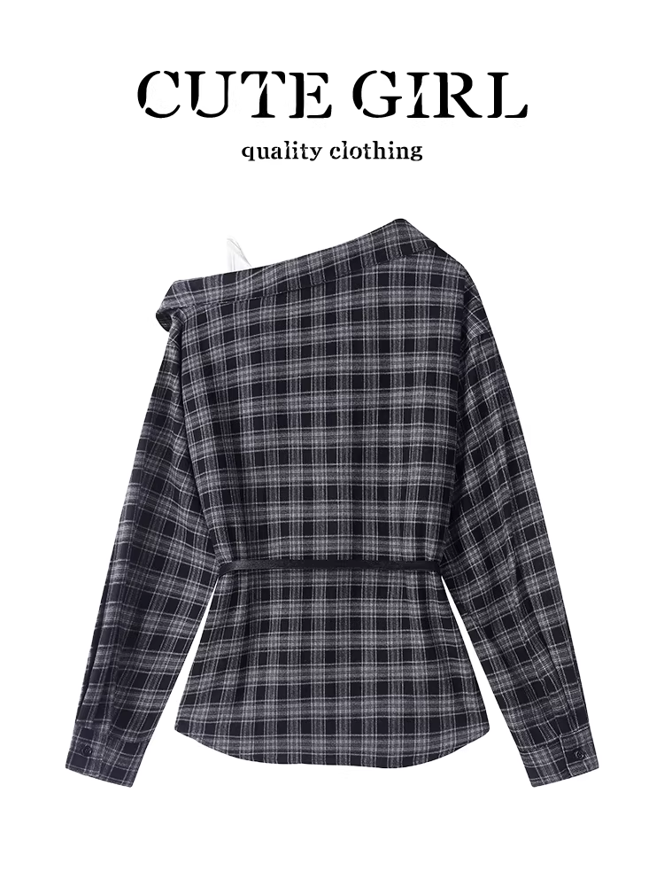 Áo sơ mi giả hai mảnh lệch vai lấy cảm hứng từ thiết kế CuteGirl dành cho nữ, phong cách cao cấp mùa thu, áo thắt eo, thon gọn, đa năng.