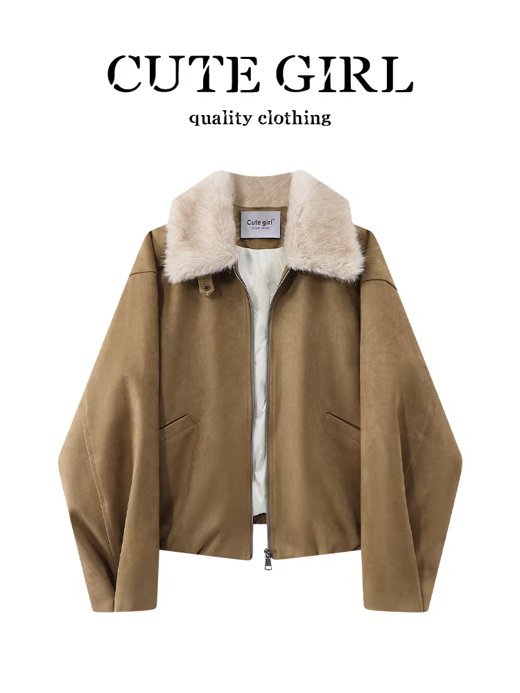 Áo khoác da lộn cổ lông màu kaki cổ điển CuteGirl dành cho nữ trong mùa thu đông, áo khoác thanh lịch, rộng rãi và đa năng