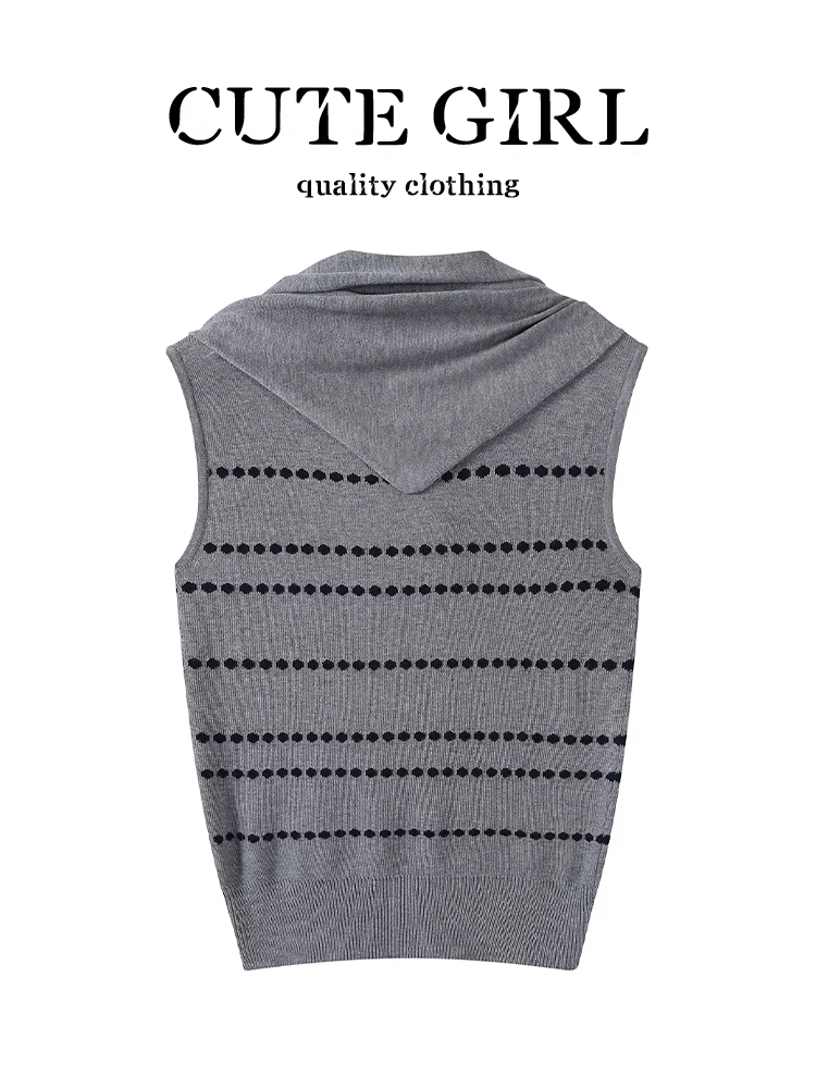 Áo vest dệt kim sọc chấm bi phong cách Hàn Quốc có khăn choàng dành cho nữ, đầu thu, thanh lịch, ôm dáng, áo không tay