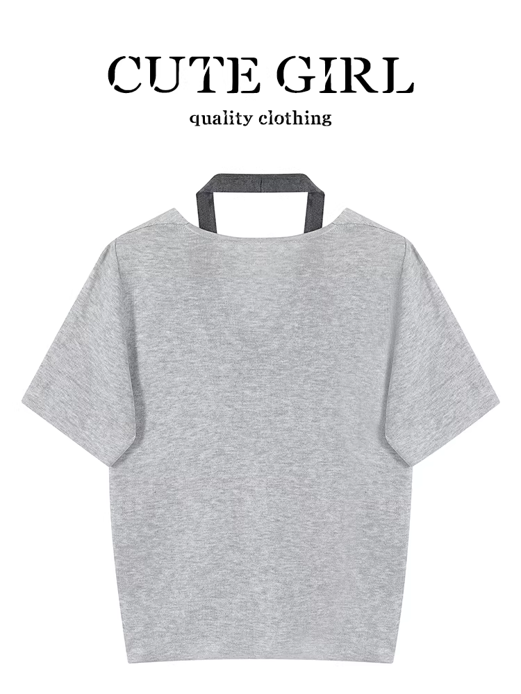 Áo thun ngắn tay dệt kim cổ yếm xoắn độc đáo theo phong cách Hàn Quốc dành cho nữ, áo hai mảnh giả phối màu mùa hè