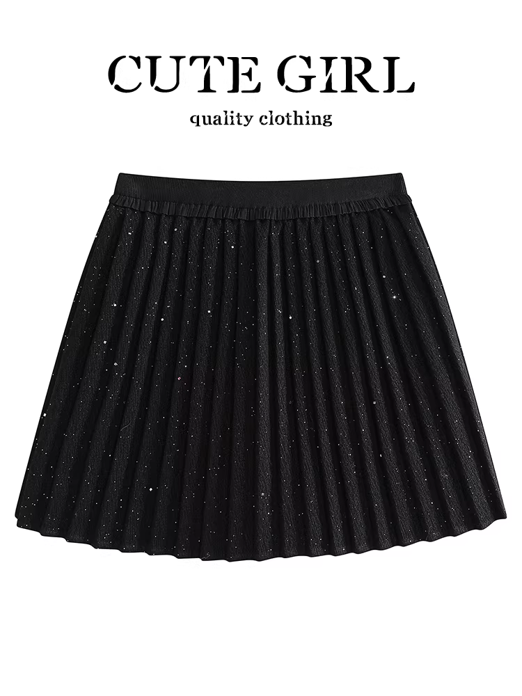 Váy len sequin nhỏ nhắn màu đen dễ thương dành cho nữ, váy xếp ly eo cao thanh lịch mùa đông