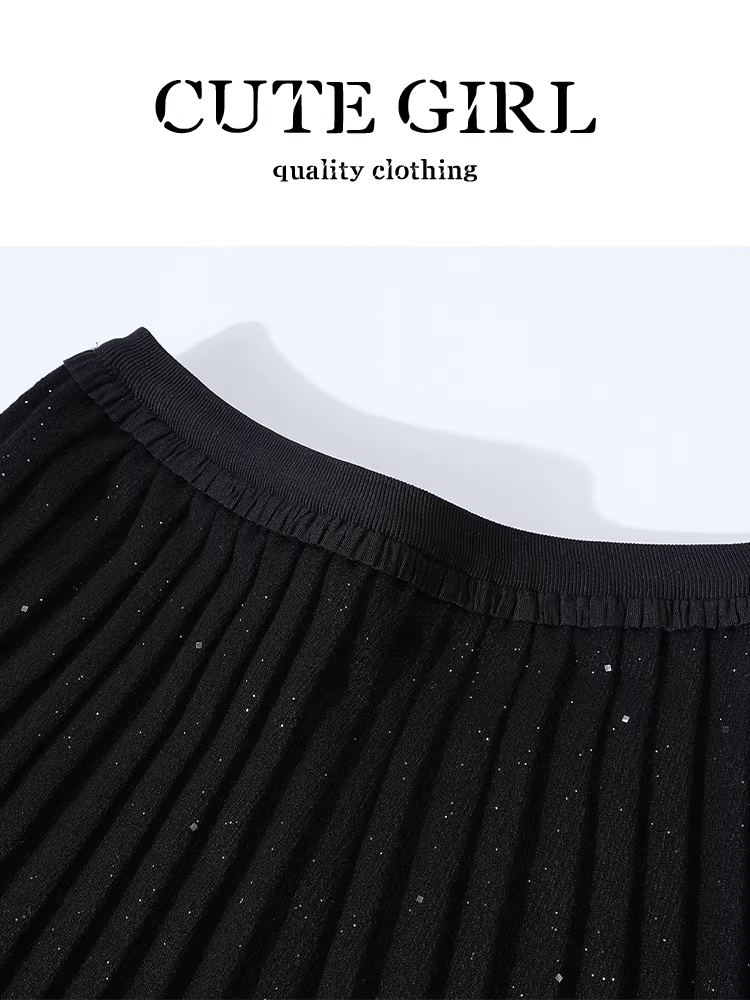 Váy len sequin nhỏ nhắn màu đen dễ thương dành cho nữ, váy xếp ly eo cao thanh lịch mùa đông