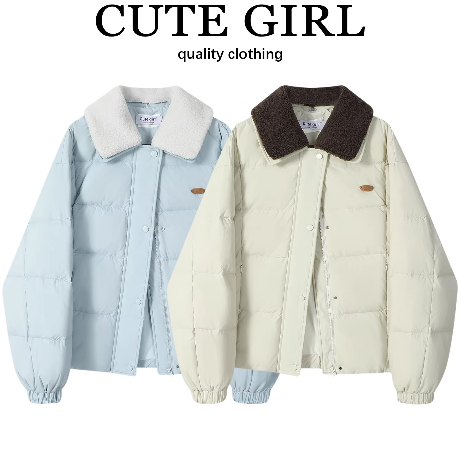 Áo khoác phao nữ dáng ngắn phối màu len cừu, cổ trụ, màu trắng đào, lông vũ vịt, mùa đông