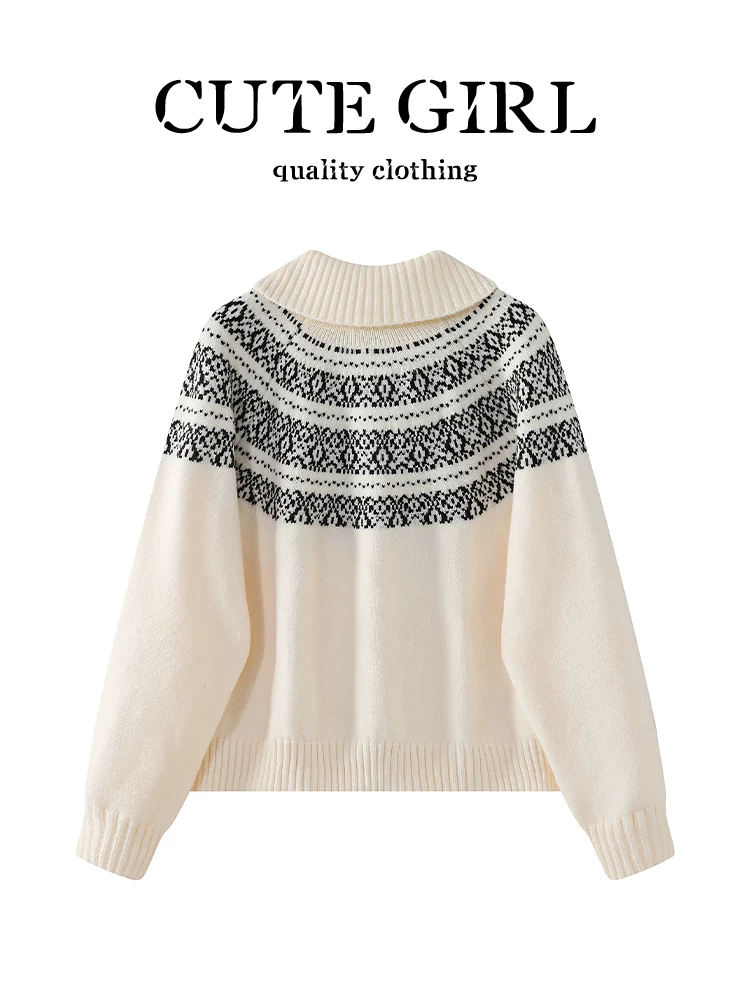 Áo len cổ điển kiểu Fair Isle jacquard của CuteGirl dành cho nữ, thiết kế mùa đông, chất liệu dệt kim rộng rãi và đa năng