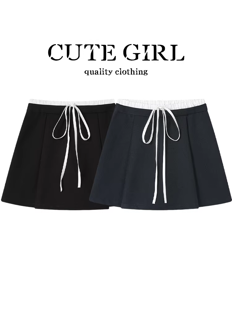 CuteGirl phong cách Hàn Quốc váy dây rút thun lưng cao váy ngắn xếp ly chữ A lưng cao mùa hè dành cho nữ