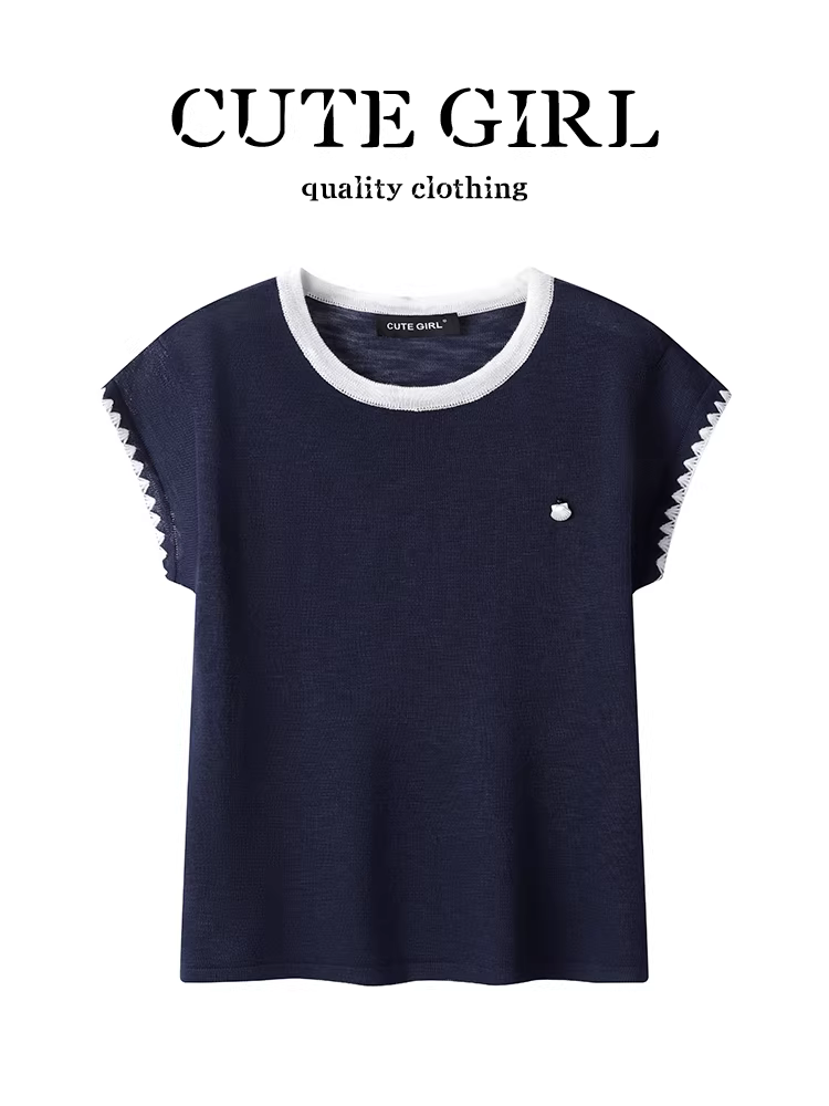 CuteGirl Thiết kế Hàn Quốc màu sắc tương phản cổ tròn tay áo nhỏ xòe màu xanh áo thun ngắn tay dành cho nữ mùa hè dáng rộng dáng rộng giảm béo