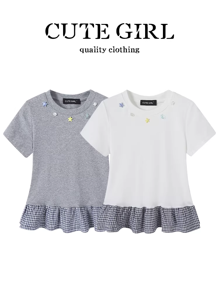 CuteGirl Váy kẻ sọc ngọt ngào phong cách Hàn Quốc với áo thun ngắn tay màu trắng dành cho nữ, áo đa năng thanh lịch và trẻ trung mùa hè